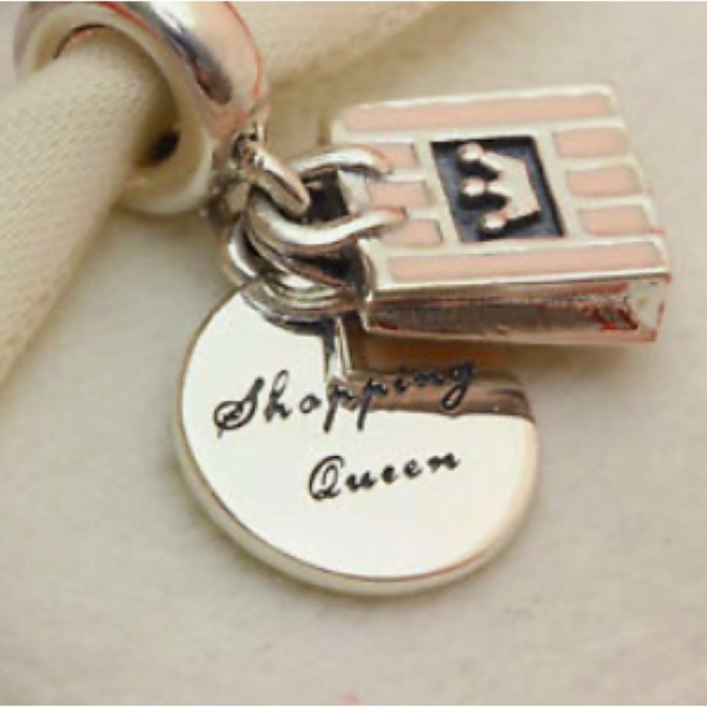 Authentic “Shopping Queen” Pink Enamel & Sterling Charm. (Dangles)